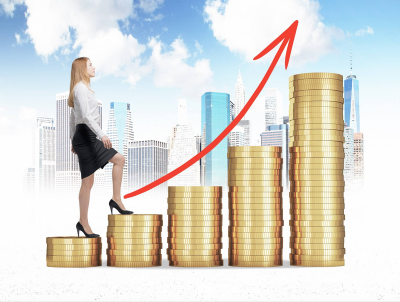 A businesswoman steps up a series of rising gold coin stacks that represent financial growth, with a red upward arrow and a city